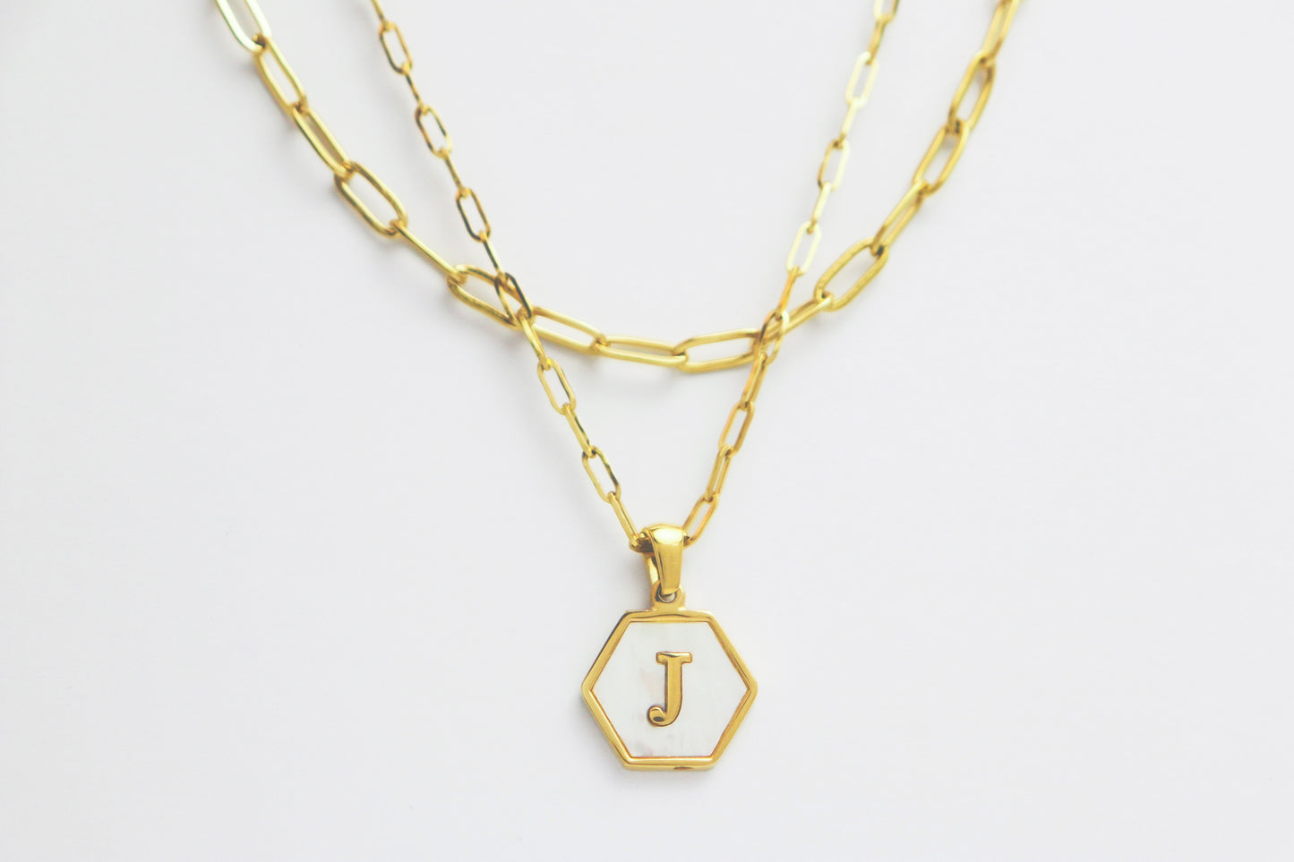 White Hexagon Double Clip Chain Necklaces Set