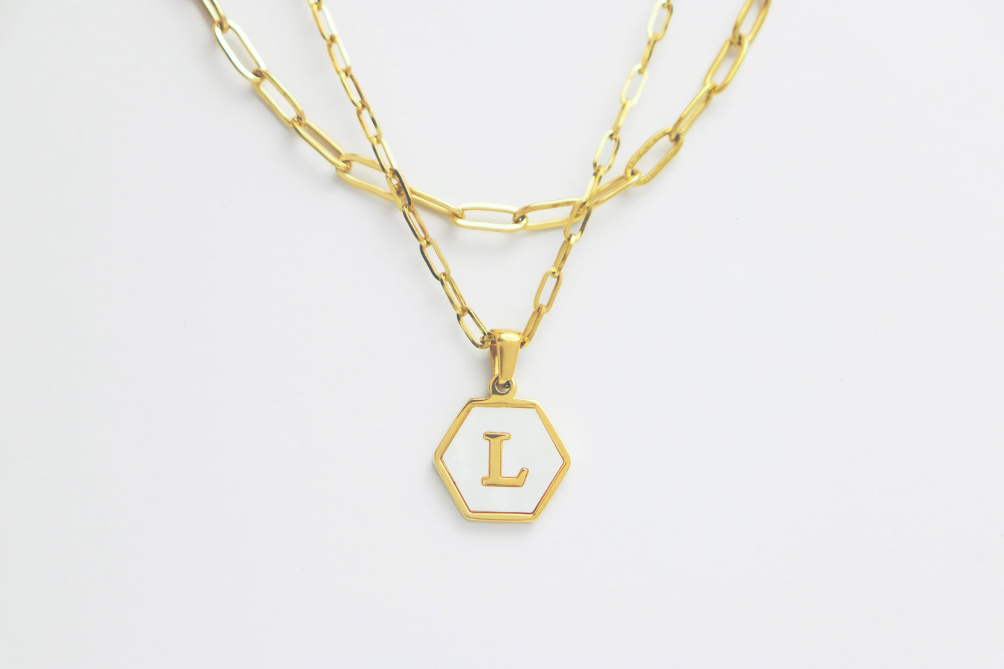 White Hexagon Double Clip Chain Necklaces Set