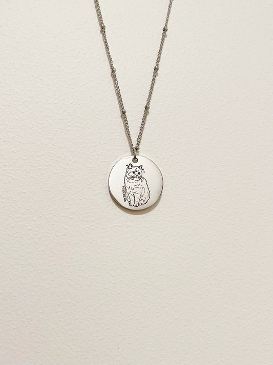 Pet Portrait Disc with Beaded Necklace (Silver)
