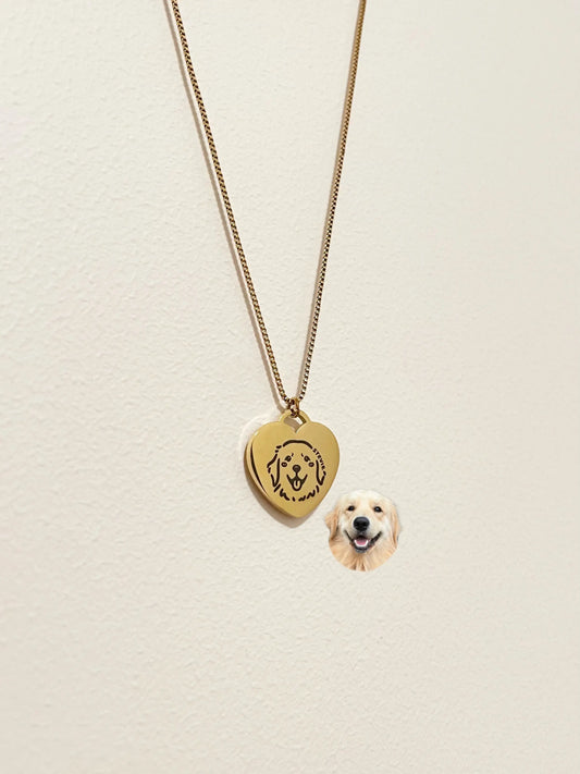 Pet Portrait Heart Necklace with Box Chain (Gold)