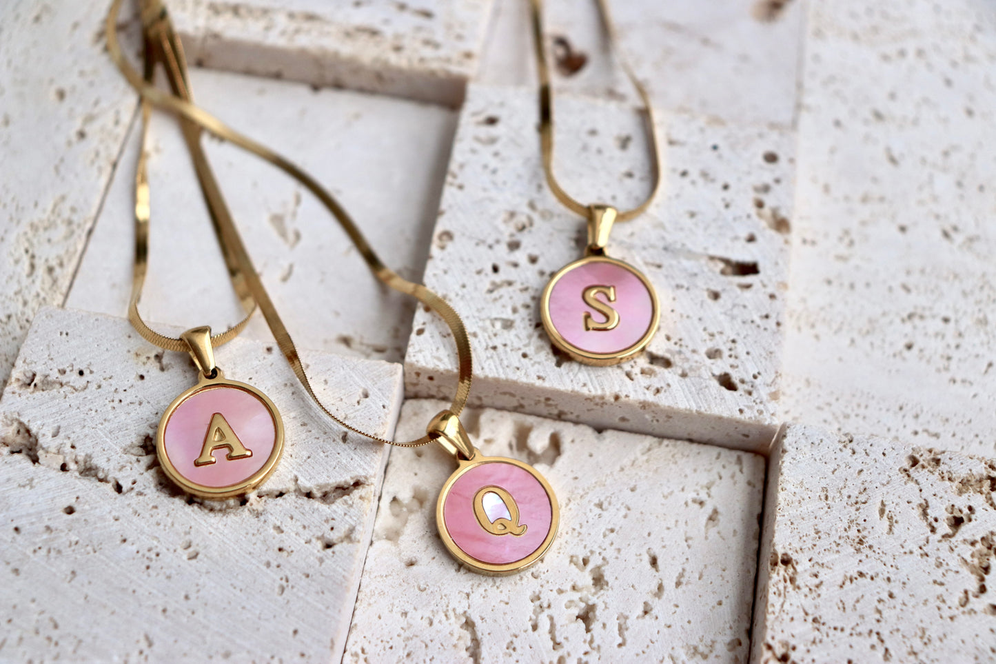 Pink Shell Initial Necklace Set