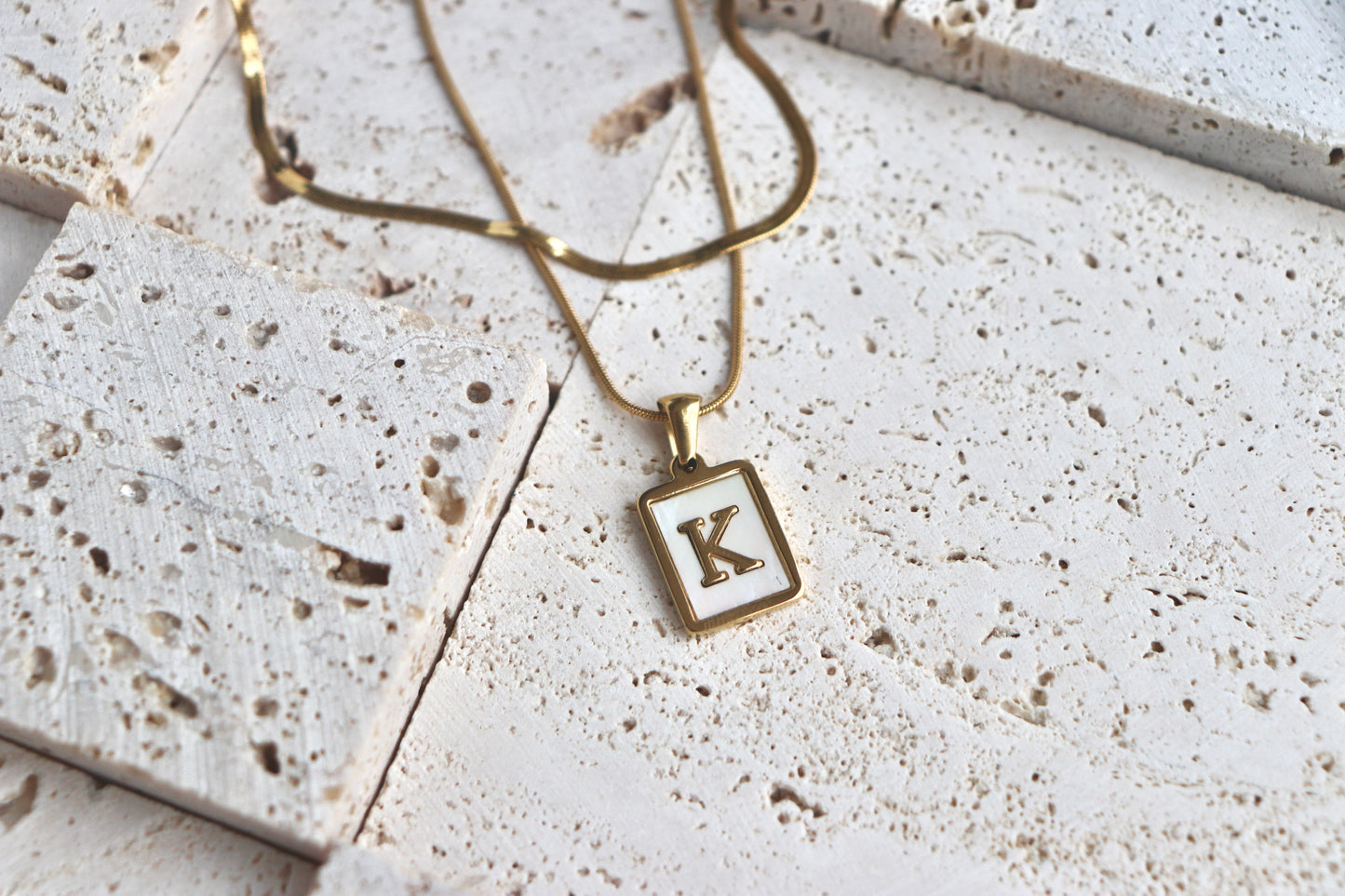 White Rectangle Shell Initial Necklaces Set