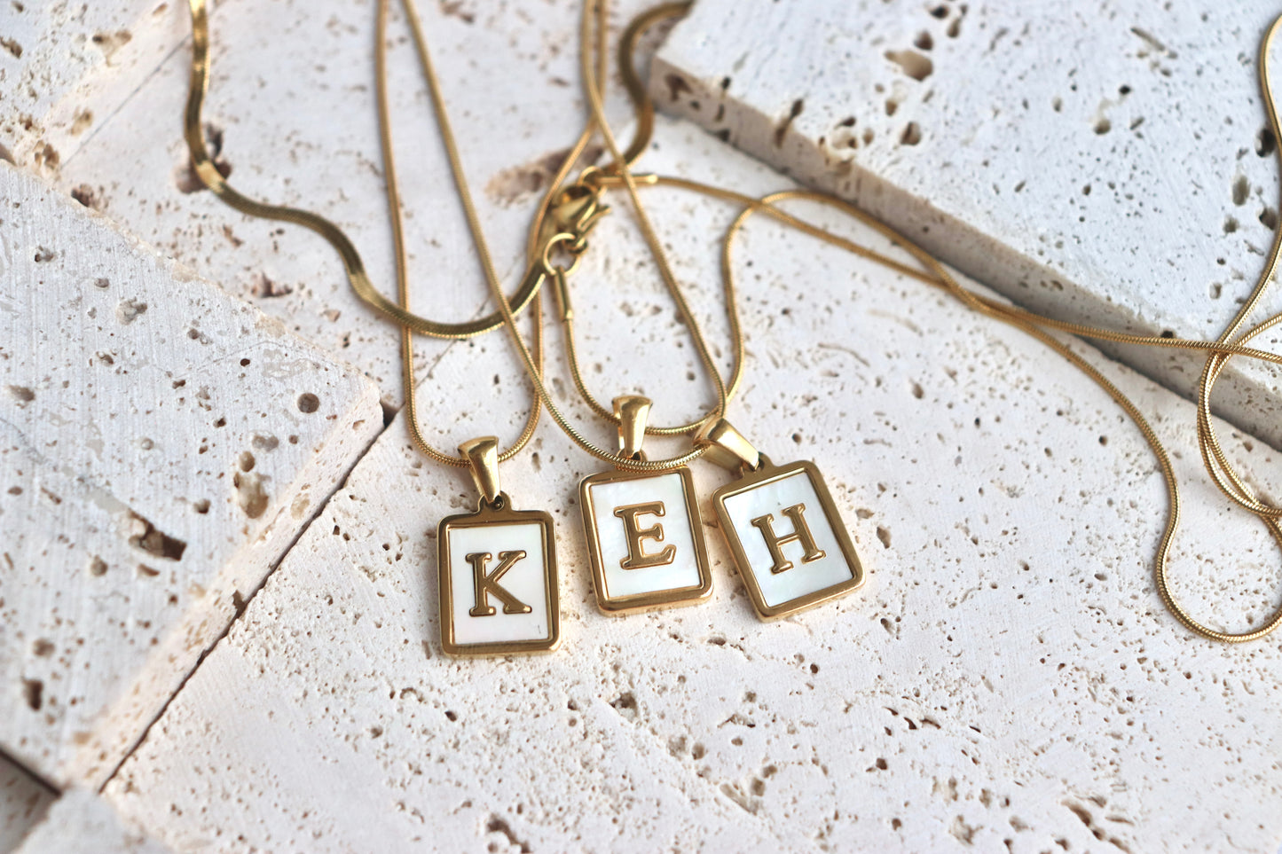 White Rectangle Shell Initial Necklaces Set