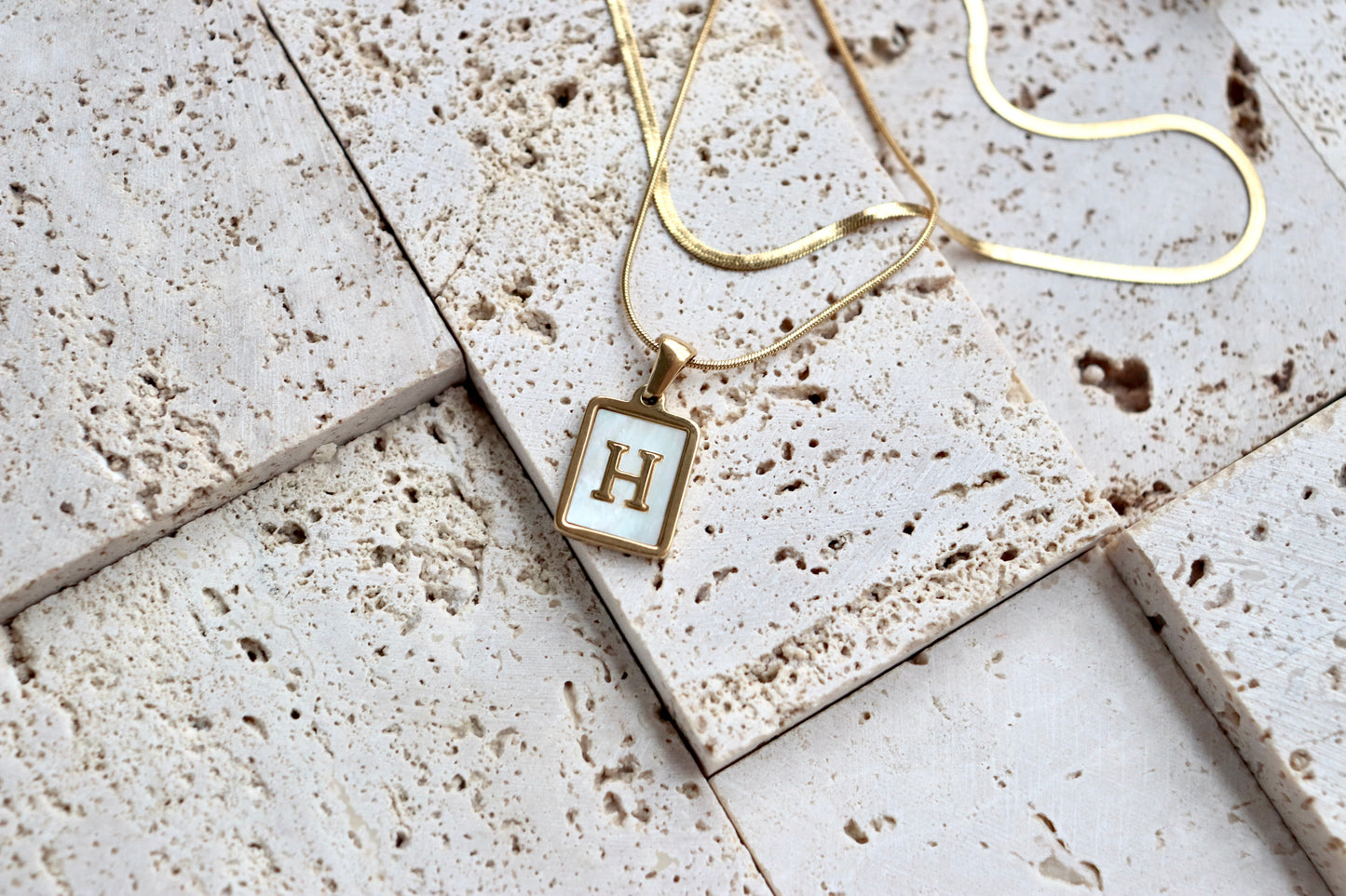 White Rectangle Shell Initial Necklaces Set