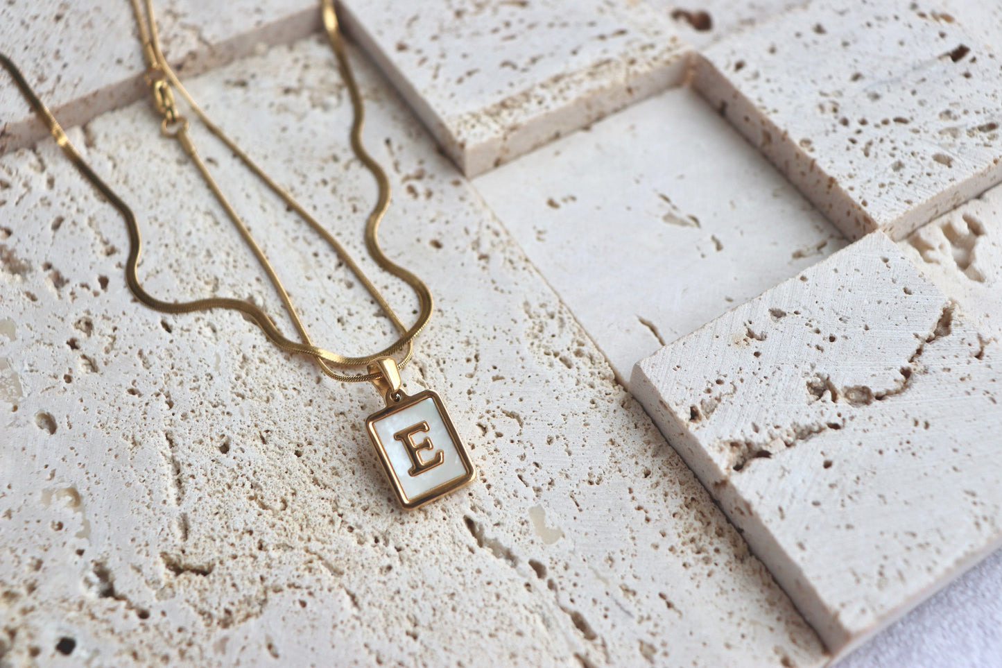 White Rectangle Shell Initial Necklaces Set