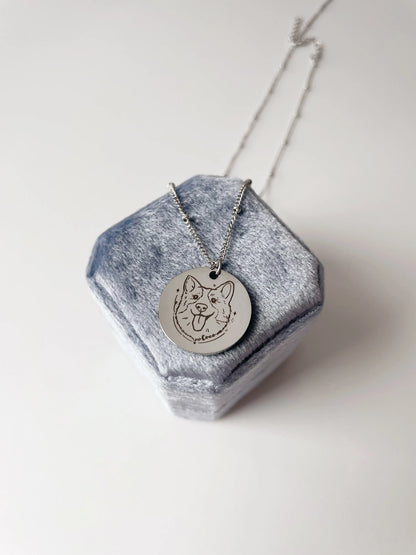 Pet Portrait Disc with Beaded Necklace (Silver)
