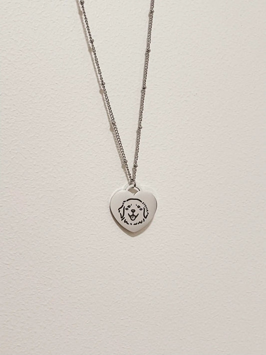Pet Portrait Heart Necklace with Beaded Chain (Silver)