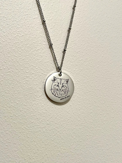 Pet Portrait Disc with Beaded Necklace (Silver)
