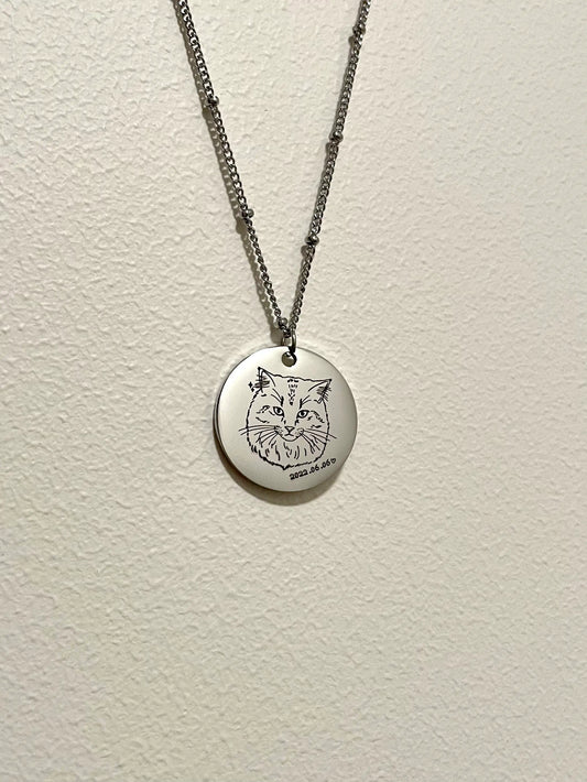 Pet Portrait Disc with Beaded Necklace (Silver)