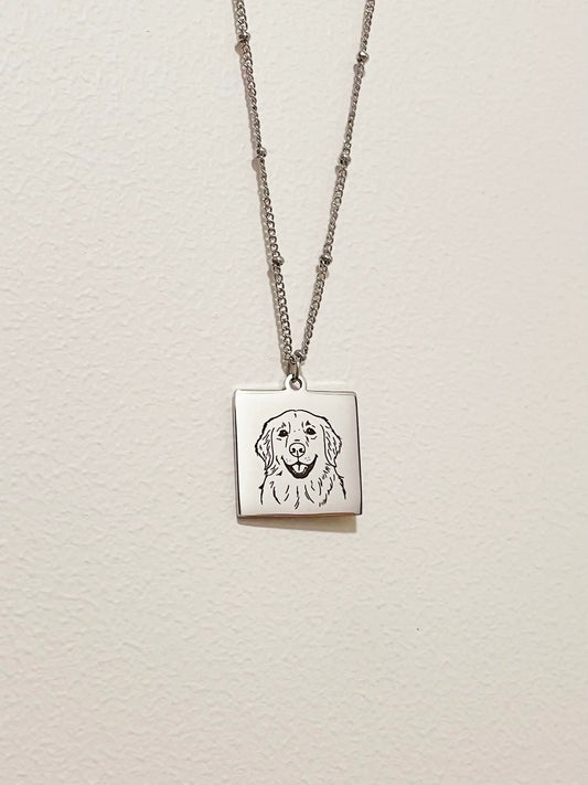 Pet Portrait Tile Necklace with Beaded Chain (Silver)