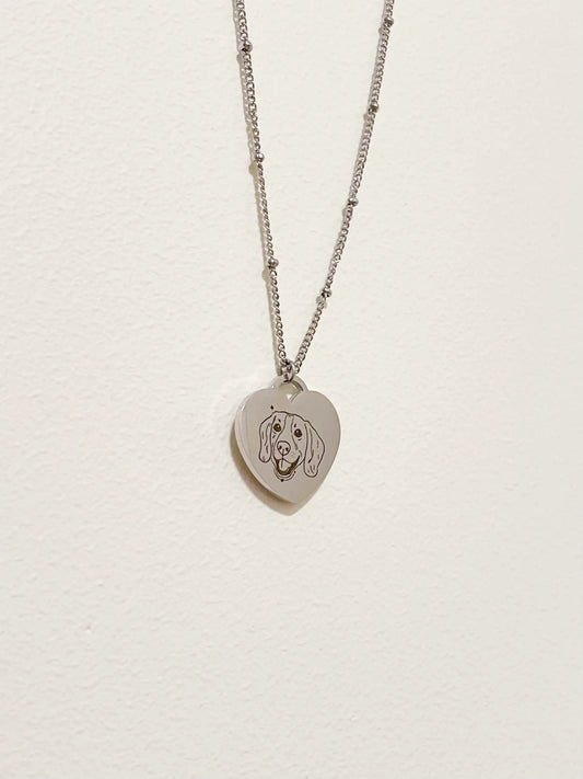 Pet Portrait Heart Necklace with Beaded Chain (Silver)