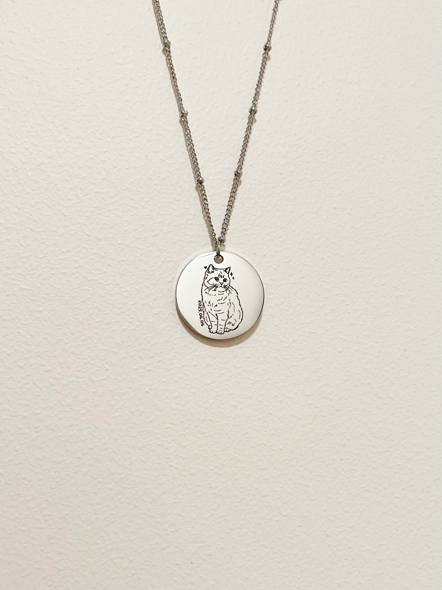 Pet Portrait Disc with Beaded Necklace (Silver)