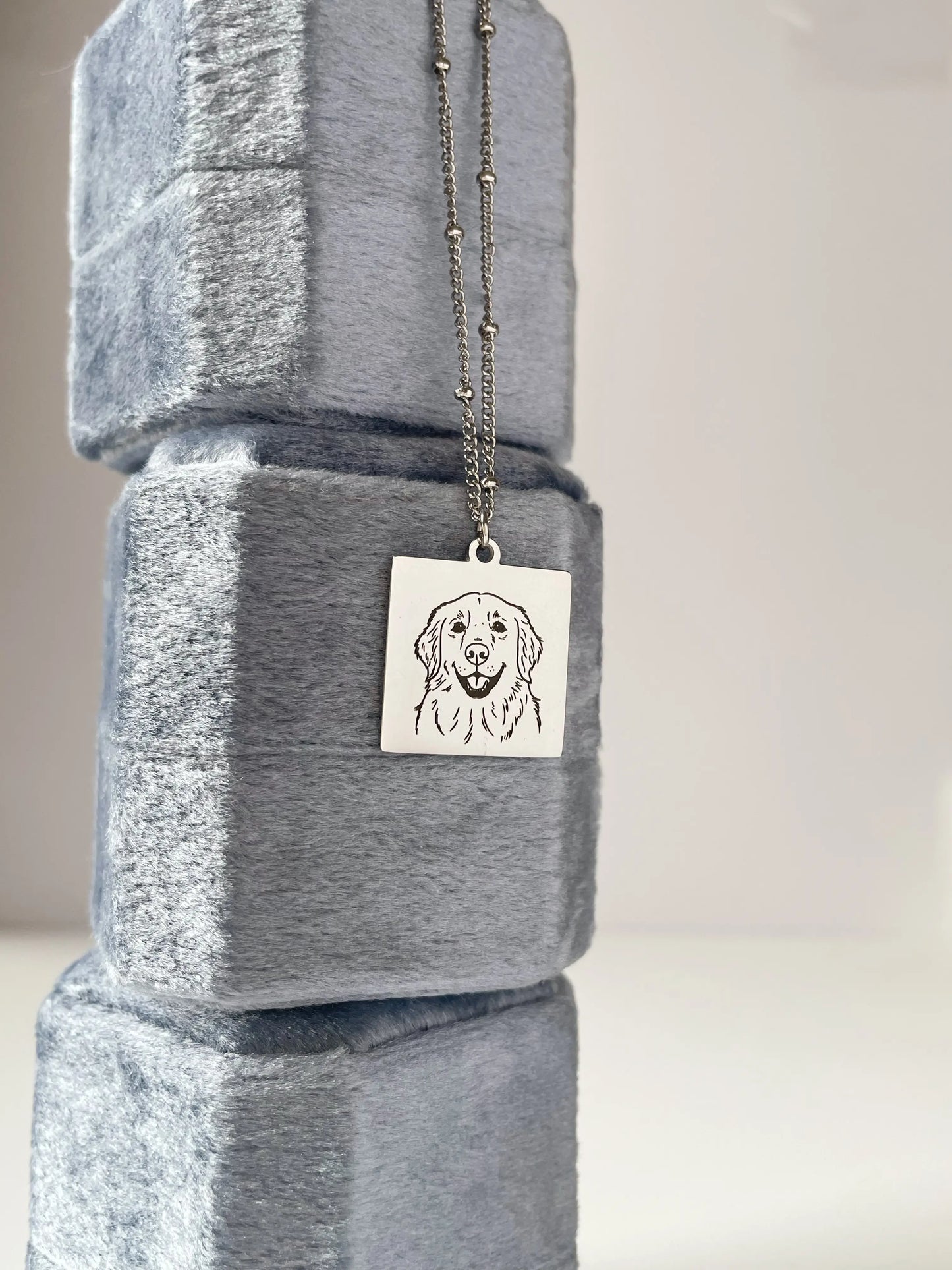 Pet Portrait Tile Necklace with Beaded Chain (Silver)