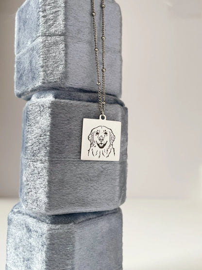 Pet Portrait Tile Necklace with Beaded Chain (Silver)
