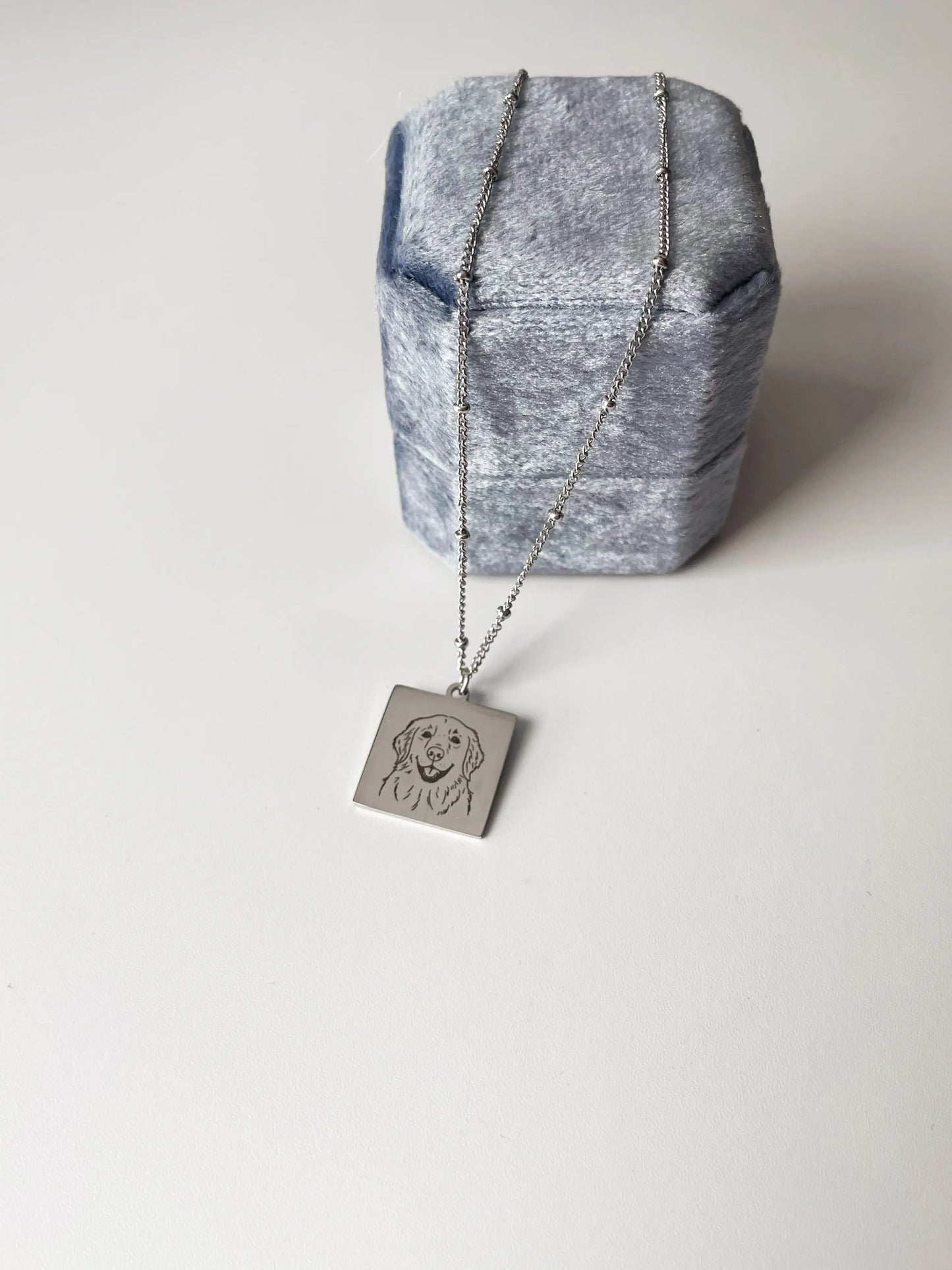 Pet Portrait Tile Necklace with Beaded Chain (Silver)