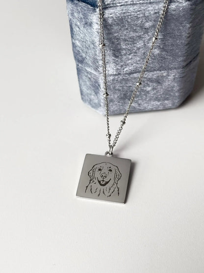 Pet Portrait Tile Necklace with Beaded Chain (Silver)