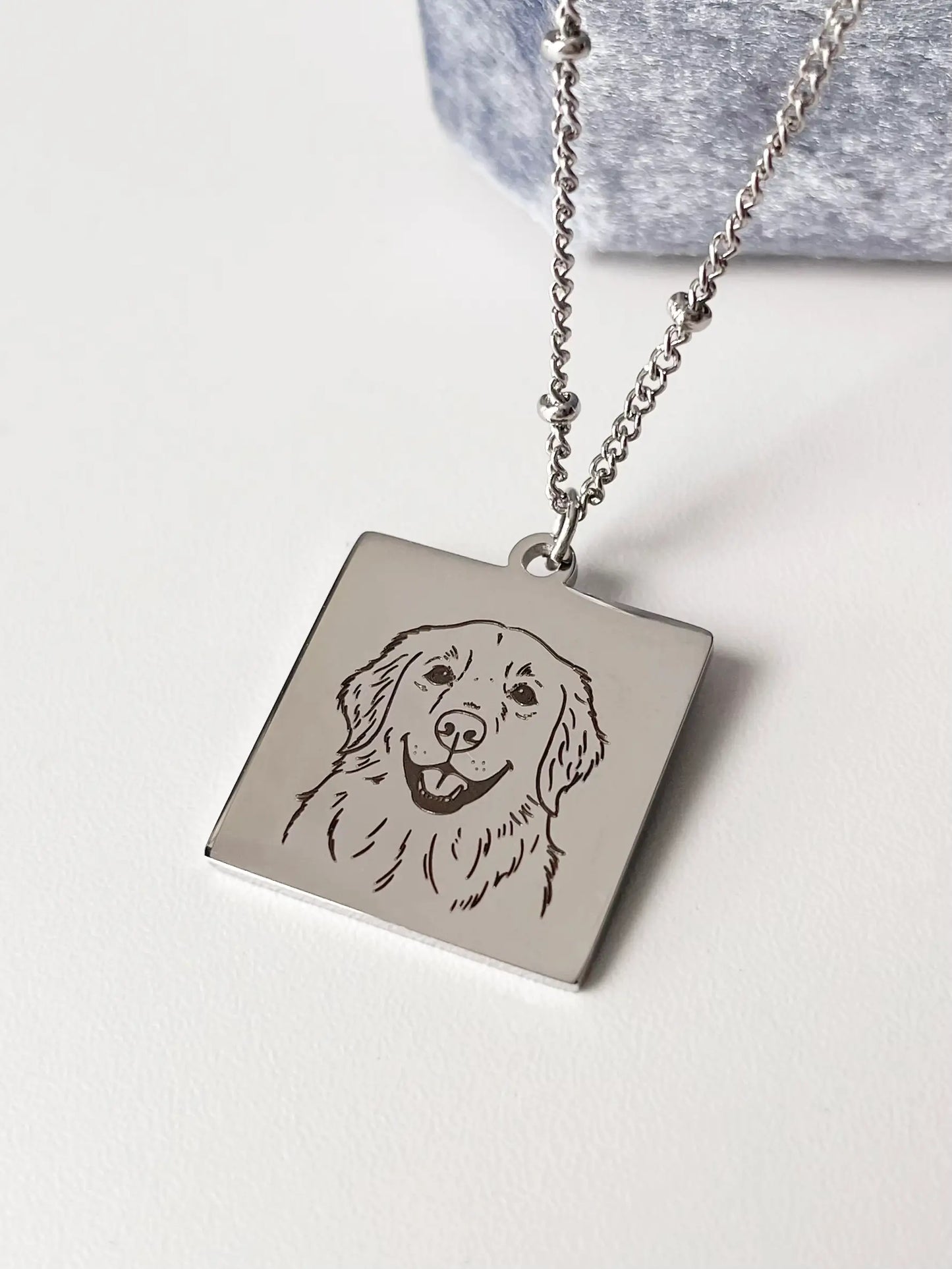 Pet Portrait Tile Necklace with Beaded Chain (Silver)