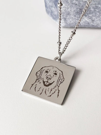 Pet Portrait Tile Necklace with Beaded Chain (Silver)