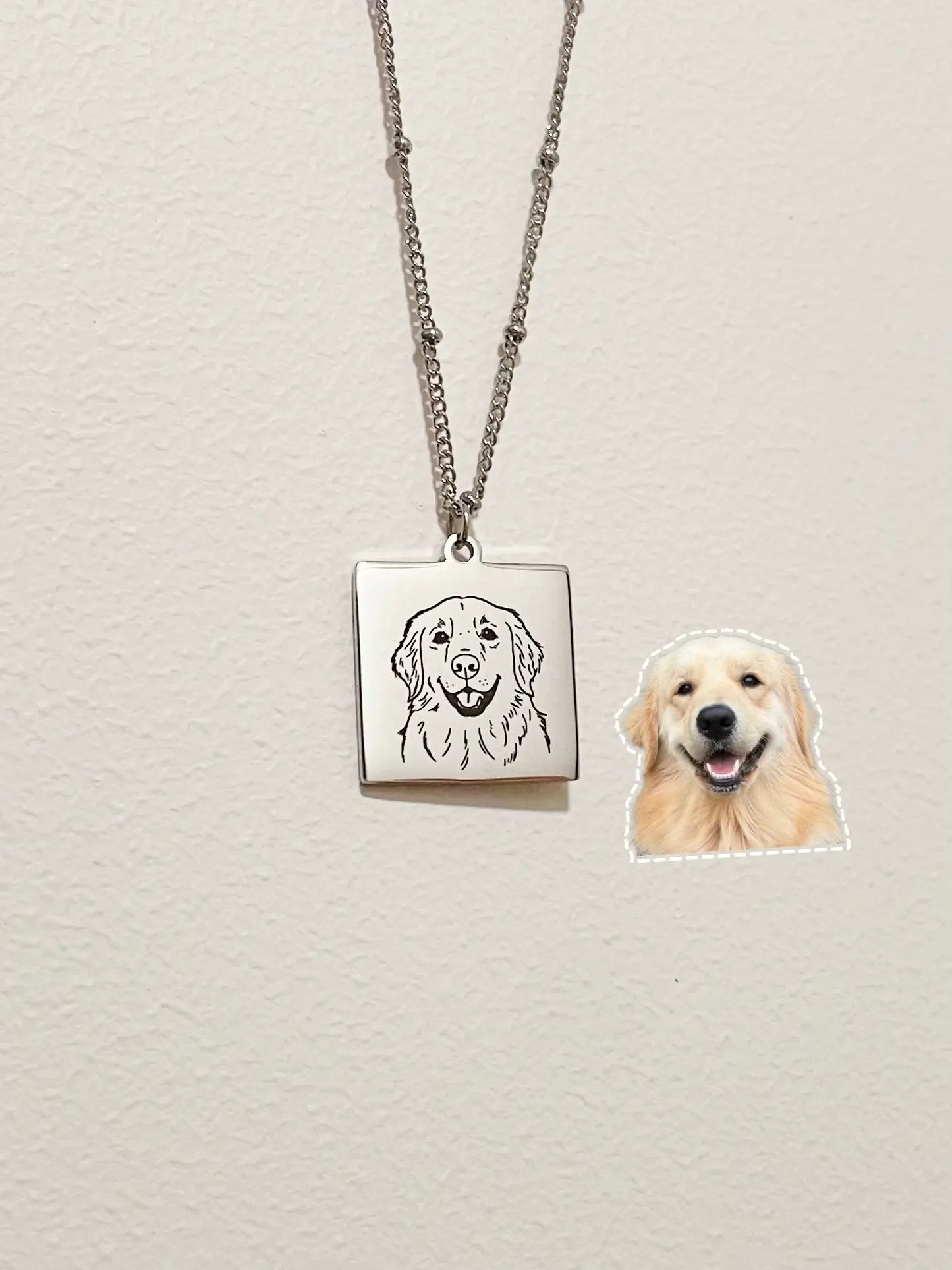 Pet Portrait Tile Necklace with Beaded Chain (Silver)