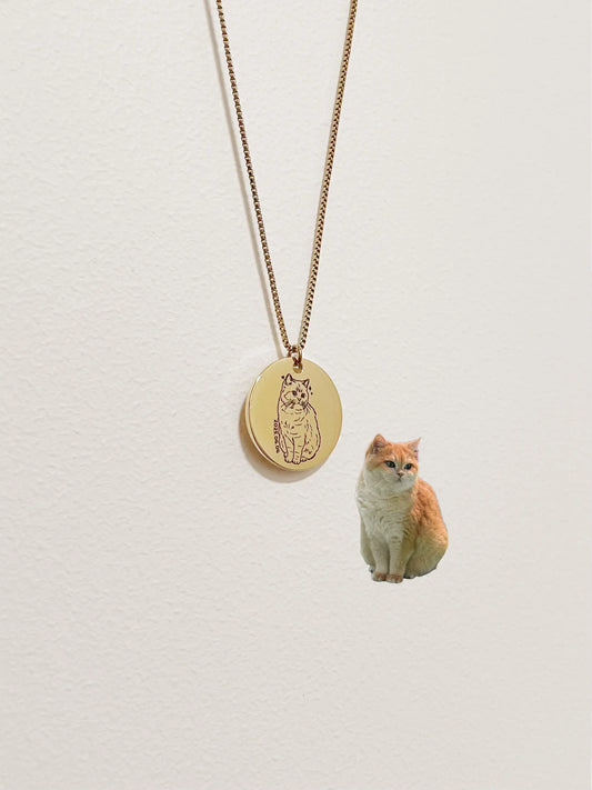 Pet Portrait Disc Necklace with Box Chain (Gold)